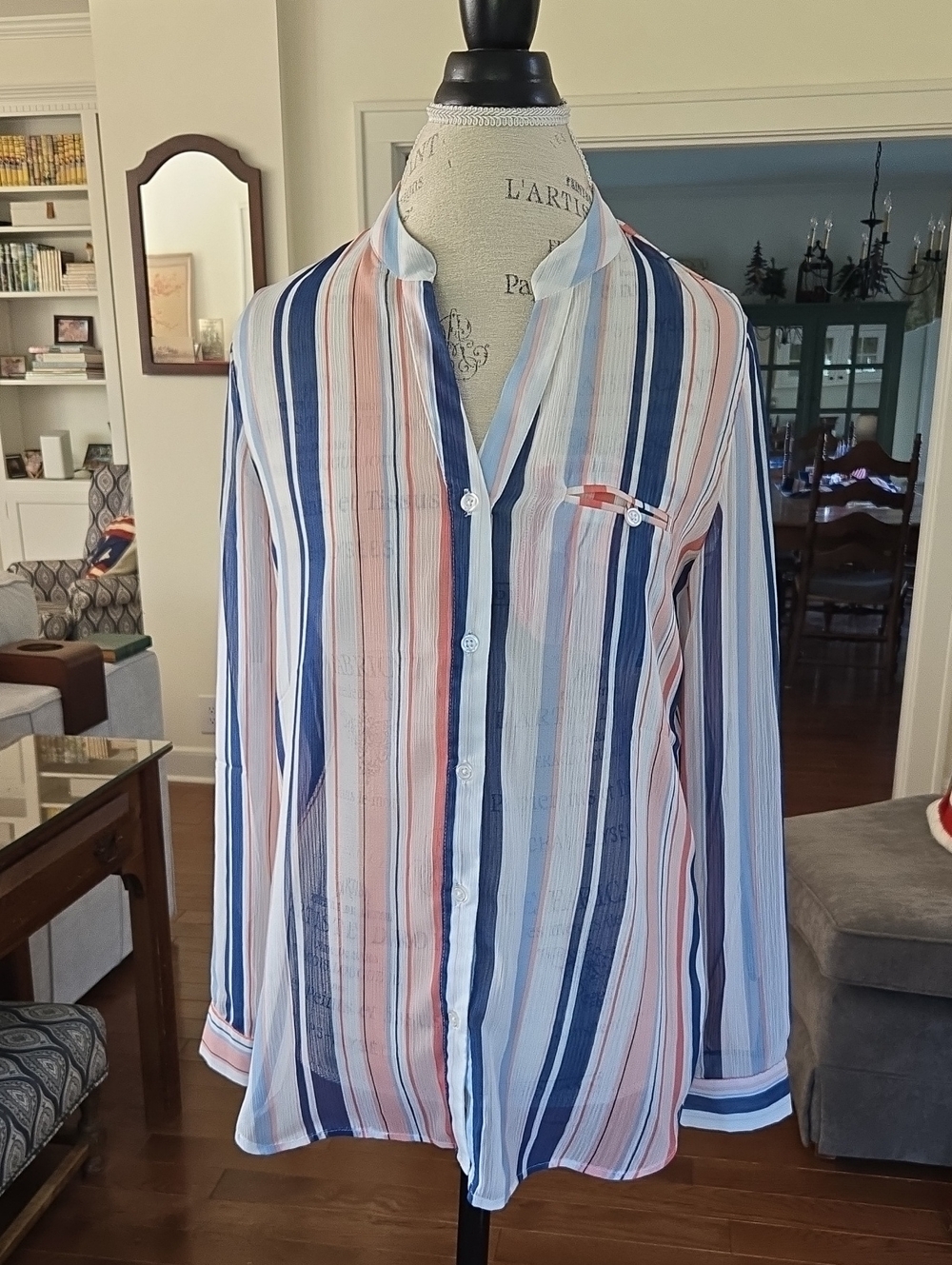 Kut from the Kloth Striped Button-Down Shirt in Navy, Blue, White & Coral